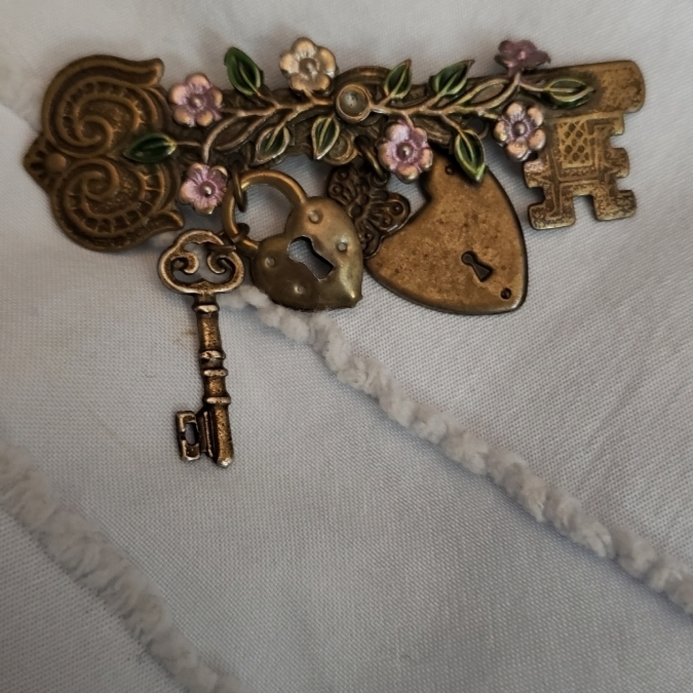 Vintage Style Key and Lock Brooch Pin with Floral Accents
